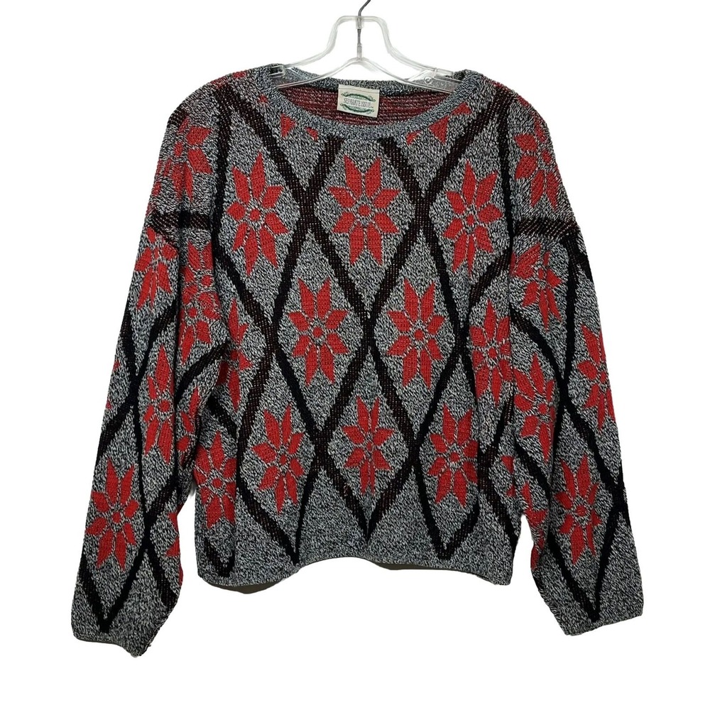 Vintage Separate Issue Women's Small Argyle Floral Knit Sweater Pullover‎